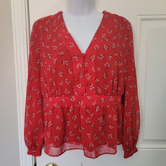 Madewell Georgette Retro Fem Red Floral Blouse Button Accent Ruffle Size XS - Picture 2 of 11